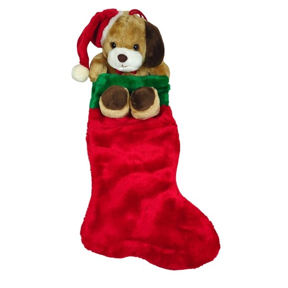 Vintage 3D Plush Puppy Dog Christmas Stocking With Santa Hat Large 22" Korea - Picture 1 of 6